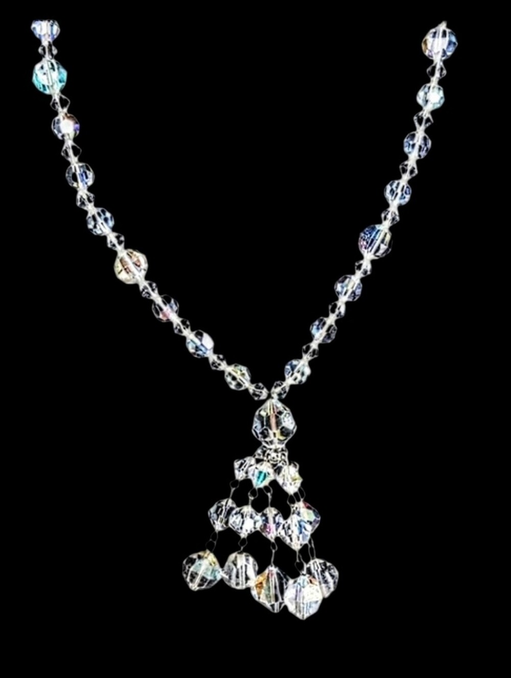 💕 Vintage Faceted Austrian AB Glass Crystal Tassel Sautoir Pendant Necklace